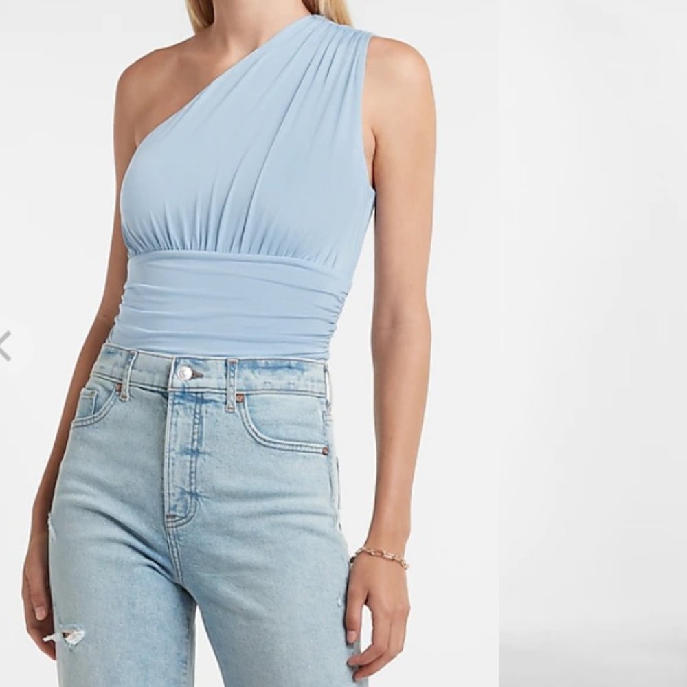 Express Body Contour Double Layer Ruched One Shoulder Thong Bodysuit